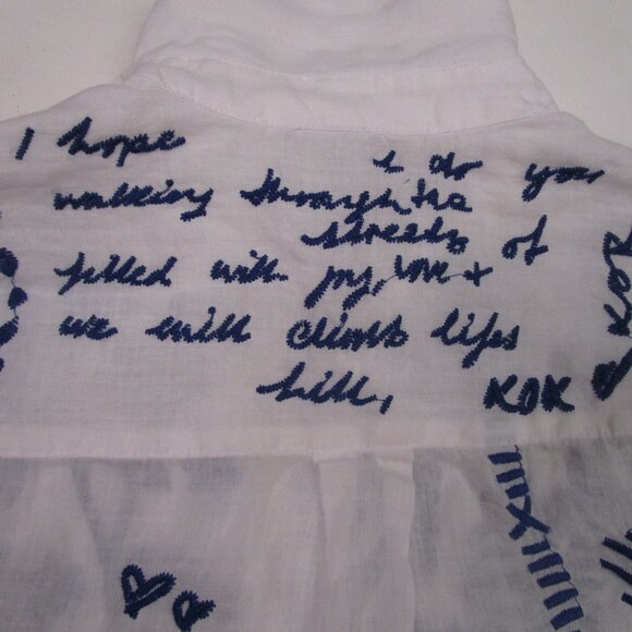 Embroidered Classic Shirt White Ramie Royal Blue - Picture 9 of 14